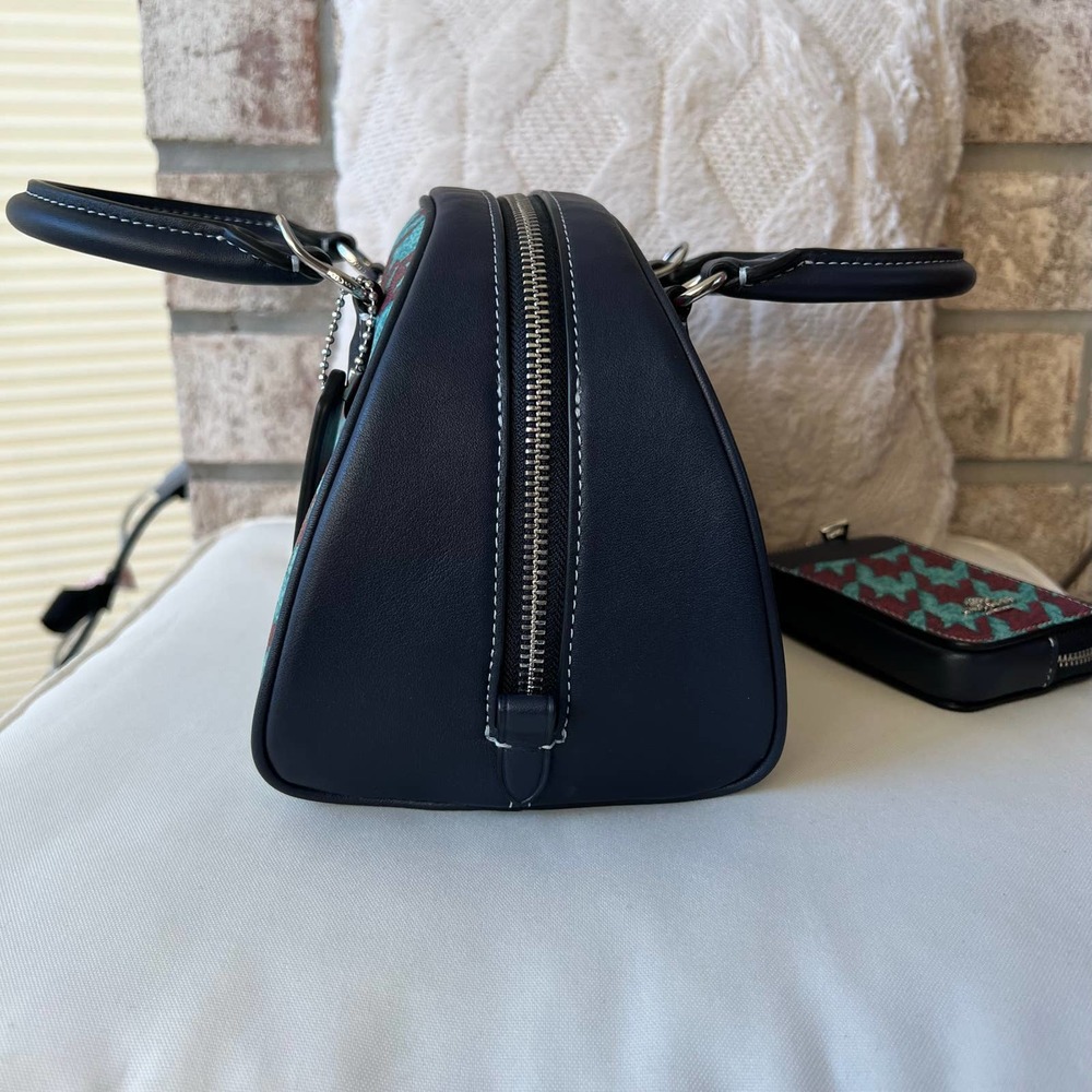 COACH Navy Sydney Satchel With Houndstooth Print NWT - Picture 3 of 5